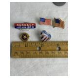 KENNEDY/JOHNSON PIN, GOLD STAR BUTTON, FLAG PINS