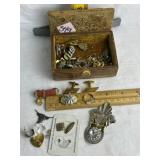 TRINKET BOX FULL OF PINS, TIE CLIPS, CUFF LINKS