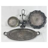 SILVER PLATE SERVING PLATTER;S, INCOMPLETE CRUET