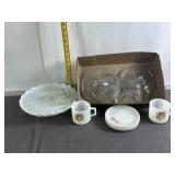 MILK GLASS CAKE PLATE, FIRE-KING DISHES, GLASS LID
