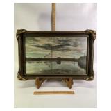 VINTAGE FRAMED OIL DERRICK SCENE ART, OLD FRAME