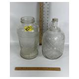 VINTAGE CLEAR GLASS JUG & JAR NO LID