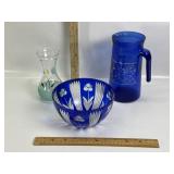 COLBALT BLUE CUT TO CLEAR PITCHER & BOWL, VASE