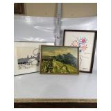 3 VINTAGE FRAMED ART ITEMS, HANDS, TREE, MOUNTAIN