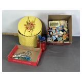 VINTAGE SEWING ITEMS, BASKET, SISSORS, THREAD