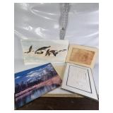VARIOUS ART ITEMS, GEESE, OLD MAN, TREE, POND