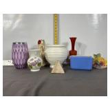 SEVERAL VINTAGE POTTERY & GLASS VASES, HALL DISH