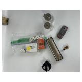 MINITURE PLAYING CARDS, DICE, CAR, HARMONICA