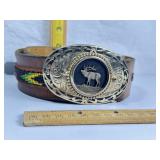 BEADED LEATHER BELT W/ ELK BELT BUCKLE, 33'