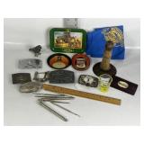 SKINNER, TRAYS, BELT BUCKLES, HANKY, SHOT GLASS