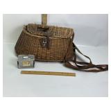 WICKER FISHING CREEL W/ METAL BAIT TIN