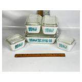 5 PYREX "BLUE AMISH" REFRIGERATOR DISHES W/ LIDS