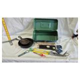VINTAGE FISHING TACKLE & BOX, SMALL CAST IRON PANS