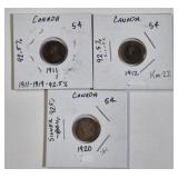 3 SILVER CANADA 5 CENT COINS 1911, 1912, 1920
