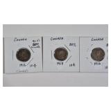 3 SILVER CANADA 10 CENT COINS, 1912 HOLED