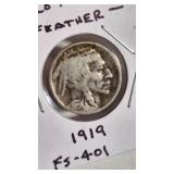 1919 '2 FEATHER' BUFFALO NICKEL FS-401
