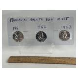3 FRANKILIN HALF P MINT, 1961, 1962, 1963, NICE!!!