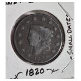 1820 CORONET LARGE CENT --SMALL DATE--