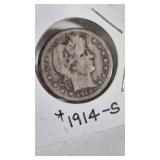 KEY DATE 1914-S BARBER QUARTER