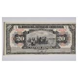 1913 MEXICO CHIHUAHUA 20 PESO NOTE (AU)