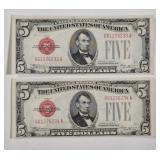 2 CONSECUTIVE 1928D VINSON $5 RED SEAL NOTES (CU)