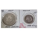2 SILVER MEXICO COINS 1922, 1888