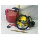 VINTAGE STEERING WHEEL, GAS CAN, MUFFS, HARD HAT