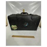 ANTIQUE LEATHER SUITCASE W/ GREEN PLAID LINER
