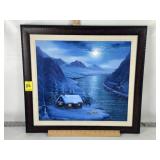SIGNED WINTER LOG CABIN SCENE ART 24"X22"
