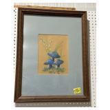 3 BLUE MUSHROOM PASTEL FRAMED ART, SIGNED NANCY