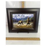 GRIZZLY BEAR ON RIVER BANK FRAMED ART, 14" X 12"