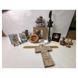 SEVERAL RELIGOUS ITEMS, CROSSES, ROCK DISPLAY