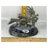 PEWTER DRAGON FIGURE MOUNTED ON AGATE BASE