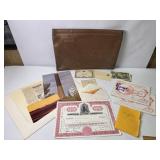 VINTAGE PAPER & PHOTO ITEMS, ENGRAVED LEATHER BAG