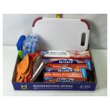 CUTTING BOARD, RUBBER GLOVES, PLASTIC WRAP, FOIL
