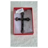 SILVER TONE CROSS PENDENT NECKLACE W/ BLACK STONES