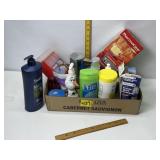 BOX OF BATHROOM TOILETRIES, HEAT WRAP, SHAMPOO