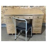 VINTAGE WOOD DESK & DRAWERS W/ CHAIR 31"TX44"LX22W