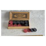 ART DECO ERA BOX OF WOODEN CHECKER PIECES