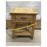 PIER 1 WOODEN END TABLE, STAINED TOP, POWER STRIP