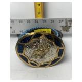 ENGRAVED ELK W/ BLUE ENAMAL BUCKLE & BELT SZ 34