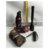 GERBER KNIFE, BEAR SPRAY, FLASHLIGHT, RADIO