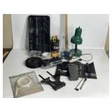 BOX OF MISC ITEMS, TAPE, PENS, EMERGANCY RADIO