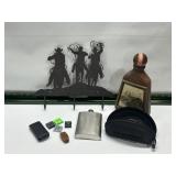 DECANTER, FLASK, WALL HANGING COAT RACK, HAT CLIP