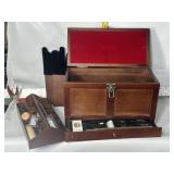 GUN CLEANING KIT IN WOOD CASE, LOT OF ITEMS