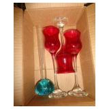 RED STEMMED GLASSES & BLUE VASE