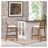 PAIR CANED WOOD UPHOLSTERED STOOLS