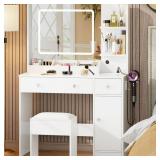 WHITE VANITY W/ MIRROR, BENCH & CHARGING STATION