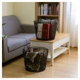 PAIR BLACK POLY RATTAN STORAGE BASKETS