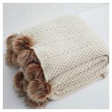 FUR POM POM KNIT THROW BLANKET